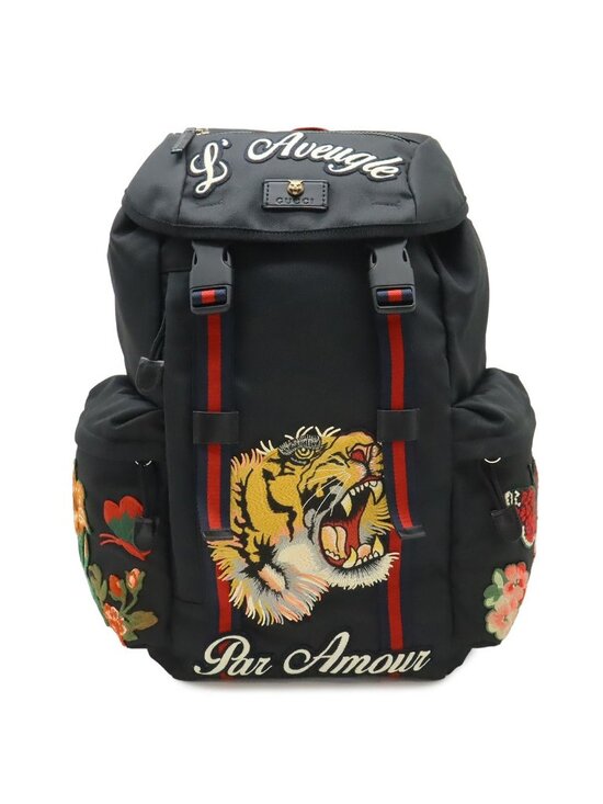 Gucci Embroidery Tiger Web Line Sherry Backpack Nylon Black